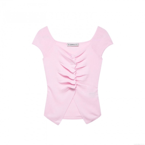 Women's Ruched Knit T-Shirt Short Sleeve Button Front Top Slim Fit Solid Color Ribbed Polyester Streetwear Casual Summer Clothing For Women