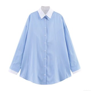 Women's Casual Striped Shirt Contrast Poplin Lapel Long Sleeve Button Up Blouse Top Streetwear Blue White Stripe Shirt For Women