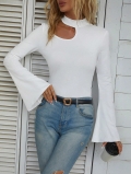 Women's Sexy Hollow Out Mock Neck Flare Sleeve T-Shirt Slim Fit Long Sleeve Polyester Top Elegant White Tee For Commuting Party