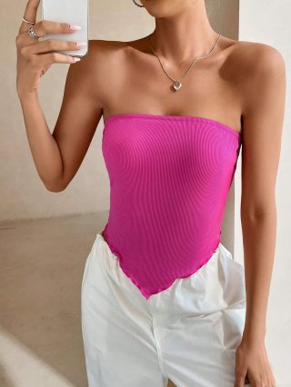 Women's Sexy Strapless Ribbed Tube Top Handkerchief Hem Irregular Triangular Trim Slim Fit Summer Party Clubwear Hot Pink Tank Top