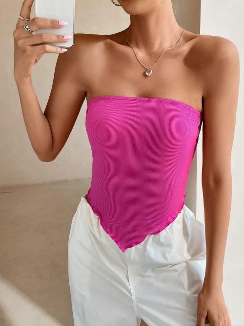 Women's Sexy Strapless Ribbed Tube Top Handkerchief Hem Irregular Triangular Trim Slim Fit Summer Party Clubwear Hot Pink Tank Top