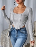 Women's Sexy Square Neck Knit T-Shirt Asymmetric Irregular Hem Slim Fit Ribbed Crop Top Solid Color Long Sleeve Viscose Polyester Casual Autumn Winter Top For Women