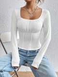 Women Square Neck Long Sleeve Slim Fit T-Shirt Viscose Elastane Ruched Corset Style Casual Solid Color Elegant Autumn Winter Crop Top Ladies Clothing