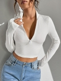 Women's Slim Fit Ribbed Knit Crop Top With Quarter Zipper Stand Collar Long Sleeve Sexy Y2K Style Polyester Elastane Blend Streetwear Pullover For Autumn Winter Daily Wear