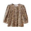 Women's Leopard Print Long Sleeve Blouse 100% Polyester Round Neck Puff Sleeve Top Casual Street Style European Fashion Button Down Shirt