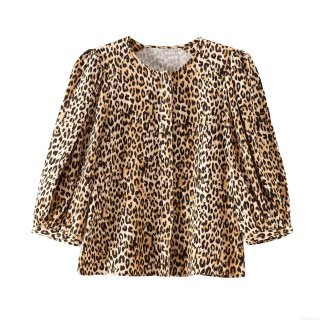 Women's Leopard Print Long Sleeve Blouse 100% Polyester Round Neck Puff Sleeve Top Casual Street Style European Fashion Button Down Shirt