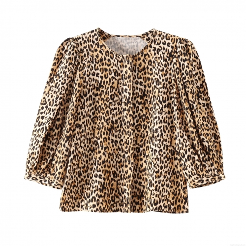 Women's Leopard Print Long Sleeve Blouse 100% Polyester Round Neck Puff Sleeve Top Casual Street Style European Fashion Button Down Shirt