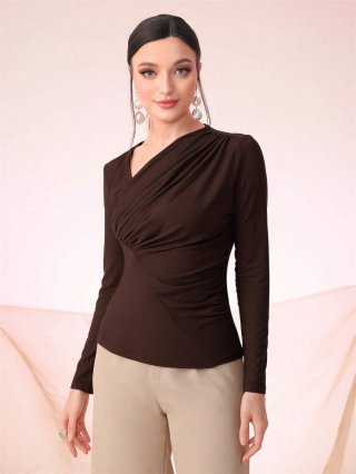 Women's Asymmetric Ruched Long Sleeve T-Shirt Elegant Oblique Neck Slim Fit Solid Color Base Layer Top Coffee Brown Viscose Elastane Pullover For Office Ladies