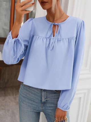 Women Elegant 100% Polyester Chiffon Blouse Tie-Neck Long Bubble Sleeve Ruffle Loose Fit Casual Tops For Daily Dating