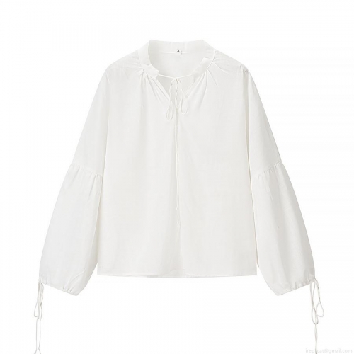 Women's V-Neck Tie Front Long Sleeve Polyester Blouse Elegant Solid Color Pullover Shirt Casual Streetwear Tops