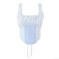 Women Vintage Blue White Striped Cami Top Cotton Polyester Slim Fit Tank Top With Lace Trim Back Lacing Pleated Bust Summer Sleeveless Crop Top For Women