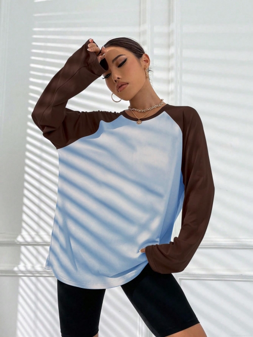 Women's American Retro Raglan Sleeve T-Shirt Loose Fit Color Block Long Sleeve Top Cotton Blend Patchwork Round Neck Casual Streetwear Pullover for Women