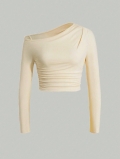 Women's Sexy One Shoulder Long Sleeve Crop Top Polyester Spandex Ruched Slim Fit T-Shirt Asymmetric Neckline Stretchy Bodycon Base Layer Blouse For Party Clubwear