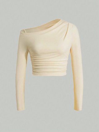 Women's Sexy One Shoulder Long Sleeve Crop Top Polyester Spandex Ruched Slim Fit T-Shirt Asymmetric Neckline Stretchy Bodycon Base Layer Blouse For Party Clubwear
