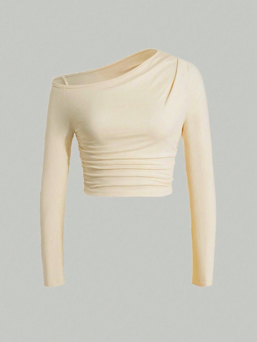 Women's Sexy One Shoulder Long Sleeve Crop Top Polyester Spandex Ruched Slim Fit T-Shirt Asymmetric Neckline Stretchy Bodycon Base Layer Blouse For Party Clubwear