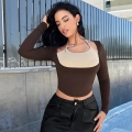 Women's Cropped Long Sleeve T-Shirt Viscose Elastane Two-Piece Halter Neck Slim Fit Top Contrast Color Streetwear Sexy Style For Summer Autumn