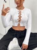 Women's Polyester Elastane Ribbed Knit Long Sleeve Crop Top Sexy Hollow Out Front Tie-up T-Shirt Slim Fit Crew Neck Streetwear Top for Ladies