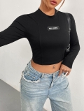 Women's Sexy Mock Neck Long Sleeve Crop Top Polyester Cotton Blend Slim Fit T-Shirt With WHO CARES Letter Patch Streetwear Casual Basic Tee