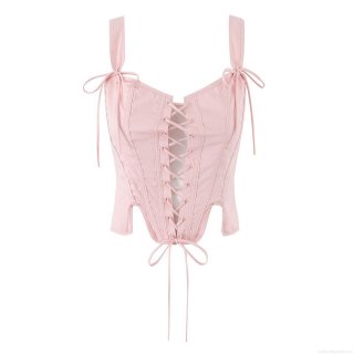 Women Fashion Pink Cotton Corset Top Slim Fit Lace Up Bow Strap Cami Tank Top For Summer Streetwear Sexy Party Clubwear