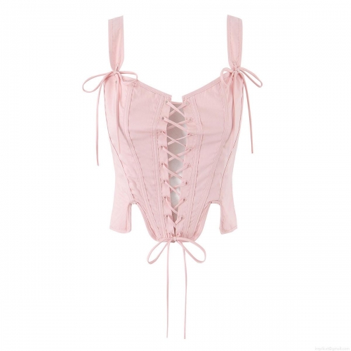 Women Fashion Pink Cotton Corset Top Slim Fit Lace Up Bow Strap Cami Tank Top For Summer Streetwear Sexy Party Clubwear