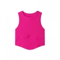 Women Sexy Rose Red Ribbed Knit Tank Top Sleeveless Round Neck Slim Fit Cropped Camisole Inverted V-Hem Streetwear Summer Top