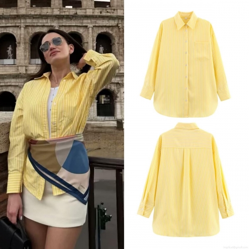 Women's Striped Shirt 100% Polyester Long Sleeve Lapel Single-Breasted Loose Blouse Casual Top for Daily Streetwear Fashion