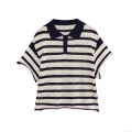 Women's Striped Knitted Polo T-Shirt Short Sleeve Lapel Button Down Loose Fit Summer Casual Streetwear Acetate Fiber Knit Top