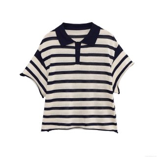 Women's Striped Knitted Polo T-Shirt Short Sleeve Lapel Button Down Loose Fit Summer Casual Streetwear Acetate Fiber Knit Top