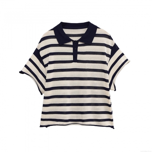 Women's Striped Knitted Polo T-Shirt Short Sleeve Lapel Button Down Loose Fit Summer Casual Streetwear Acetate Fiber Knit Top