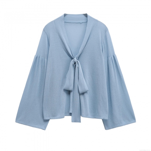 Women's Casual Mercerized Cotton Knit Blouse With V Neck Bow Tie Up Loose Fit Long Sleeve Top For Summer Fashion Streetwear