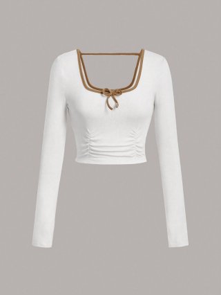 Women's Sexy Backless Long Sleeve T-Shirt Square Neck Ruched Front Rib Knit Crop Top Slim Fit Contrast Trim Bow Knot Tee Streetwear Party Clubwear Top