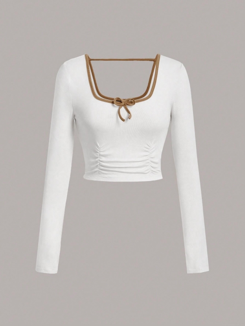 Women's Sexy Backless Long Sleeve T-Shirt Square Neck Ruched Front Rib Knit Crop Top Slim Fit Contrast Trim Bow Knot Tee Streetwear Party Clubwear Top