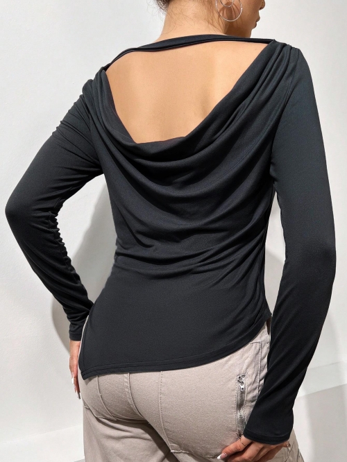 Women's Sexy Backless Long Sleeve T-Shirt Irregular Hem Polyester Spandex Slim Fit Solid Color Draped Open Back Top for Party Dating