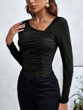 Women's Sexy Ruched Long Sleeve Slim Fit T-Shirt Asymmetric Neck Knit Top Solid Color Fashion Tee Autumn Winter Chic Base Layer Blouse For Women