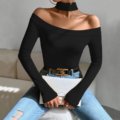 Women's Sexy Off Shoulder Halter Neck Ribbed Knit T-Shirt Slim Fit Long Sleeve Solid Color Hollow Out Top For Casual Party Clubwear
