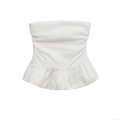 Women's Sexy Strapless Tube Top Summer Ruffle Hem Ruched Slim Fit Polyester Blend Crop Top For Vacation Streetwear Party White