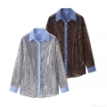 Women Sexy Sparkly Sequin Patchwork Shirt Long Sleeve Turn-down Collar Striped Patchwork Blouse Loose Casual Shiny Tops For Party Club Streetwear