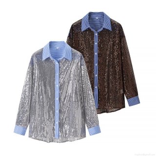 Women Sexy Sparkly Sequin Patchwork Shirt Long Sleeve Turn-down Collar Striped Patchwork Blouse Loose Casual Shiny Tops For Party Club Streetwear