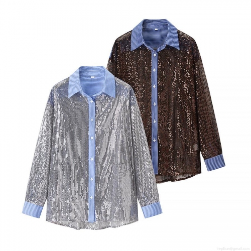 Women Sexy Sparkly Sequin Patchwork Shirt Long Sleeve Turn-down Collar Striped Patchwork Blouse Loose Casual Shiny Tops For Party Club Streetwear
