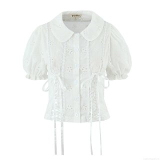 Women's Vintage Hollow Embroidery Puff Sleeve Blouse Peter Pan Collar Lace-up White Cotton Top Sweet Street Style Summer Short Shirt