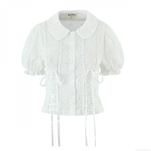 Women's Vintage Hollow Embroidery Puff Sleeve Blouse Peter Pan Collar Lace-up White Cotton Top Sweet Street Style Summer Short Shirt