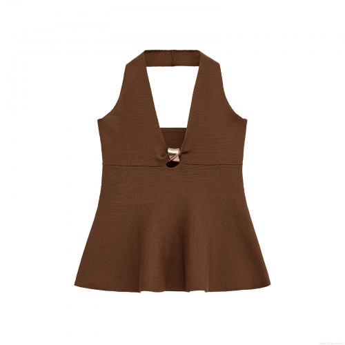 Women Sexy Halter Neck V-Neck Backless Tank Top Knit Mercerized Cotton Camisole With Metal Buckle Slim Fit Streetwear Summer Party Vest