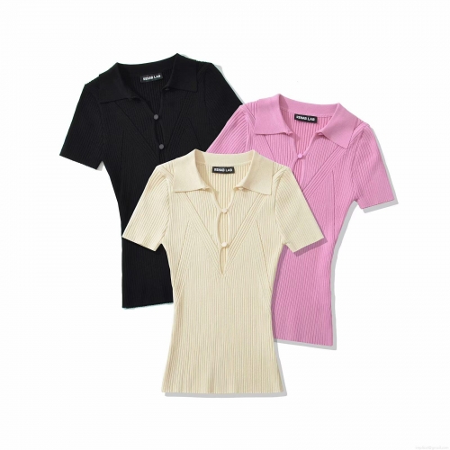 Women's Knit Polo T-Shirt Rayon Nylon Ribbed Hollow Out Single Breasted Short Sleeve Slim Fit Lapel Collar Top European American Casual Streetwear