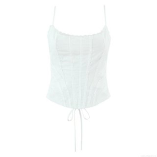 Women Sexy Lace Patchwork Fishbone Corset Cami Top White Tie Up Back Bodycon Sleeveless Summer Streetwear Bustier Crop Top