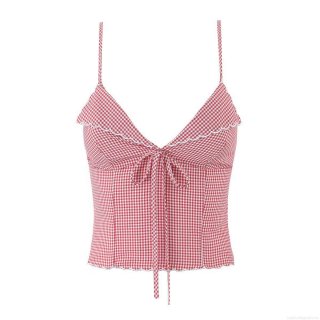 Women Red White Gingham Camisole Tank Top 100% Polyester V-Neck Scalloped Edge Tie Front Summer Streetwear Sleeveless Crop Top For Vacation