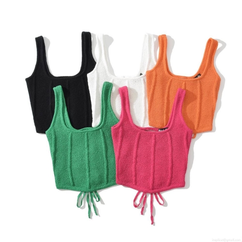 Women's Knitted Crop Top Square Neck Drawstring Strap Camisole Summer Streetwear Casual Ribbed Knit Tank Top Sexy Slim Fit Sleeveless Top