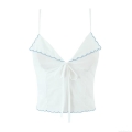 Women Sexy V Neck Embroidery Cami Top Lace Up Scalloped Edge Corset Camisole Sleeveless Slim Fit Summer Street Style Backless Vest White Blue Tank Top