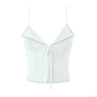 Women Sexy V Neck Embroidery Cami Top Lace Up Scalloped Edge Corset Camisole Sleeveless Slim Fit Summer Street Style Backless Vest White Blue Tank Top