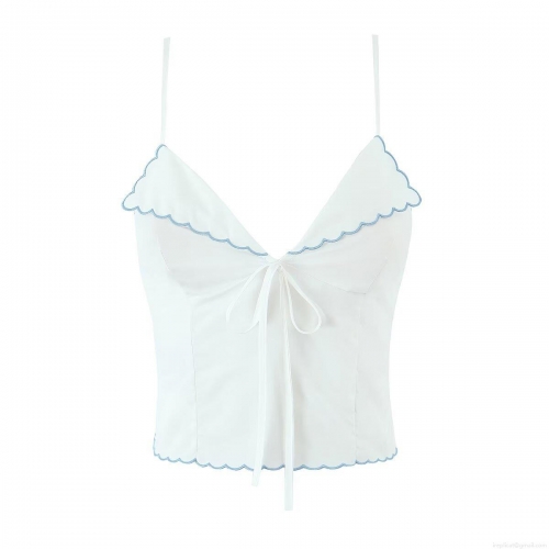 Women Sexy V Neck Embroidery Cami Top Lace Up Scalloped Edge Corset Camisole Sleeveless Slim Fit Summer Street Style Backless Vest White Blue Tank Top