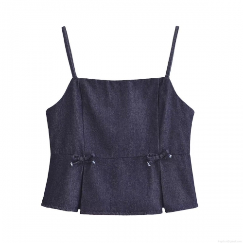 Women's Denim Camisole Top 100% Cotton Backless Bow Peplum Strappy Tank Top Dark Blue Summer Streetwear Daily Fashion Crop Top